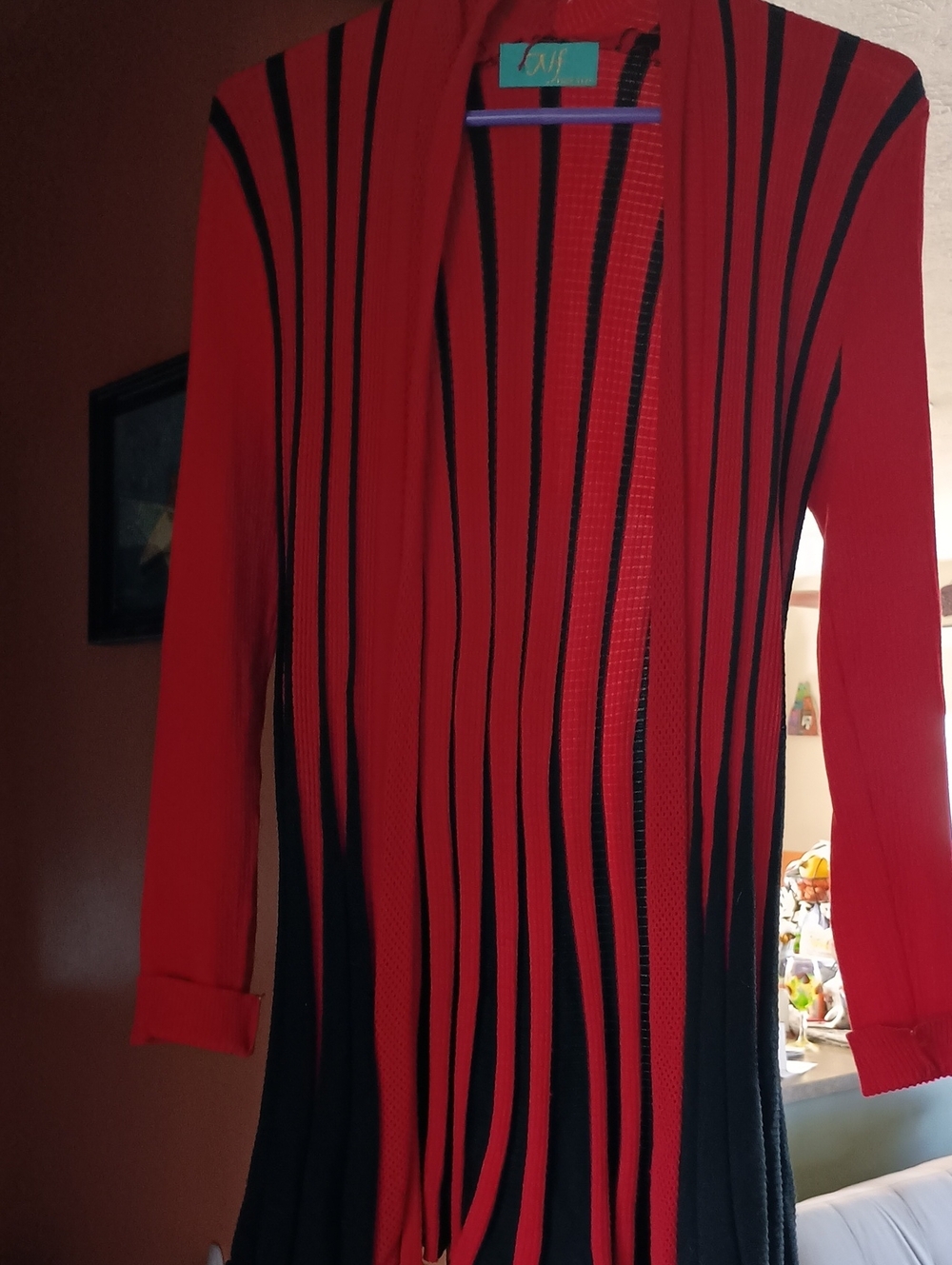 Red and Black Striped Long Cardigan Sweater
